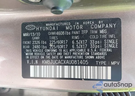 2010 Hyundai Tucson Gls из США, поврежденный, VIN KM8JUCACXAU081405